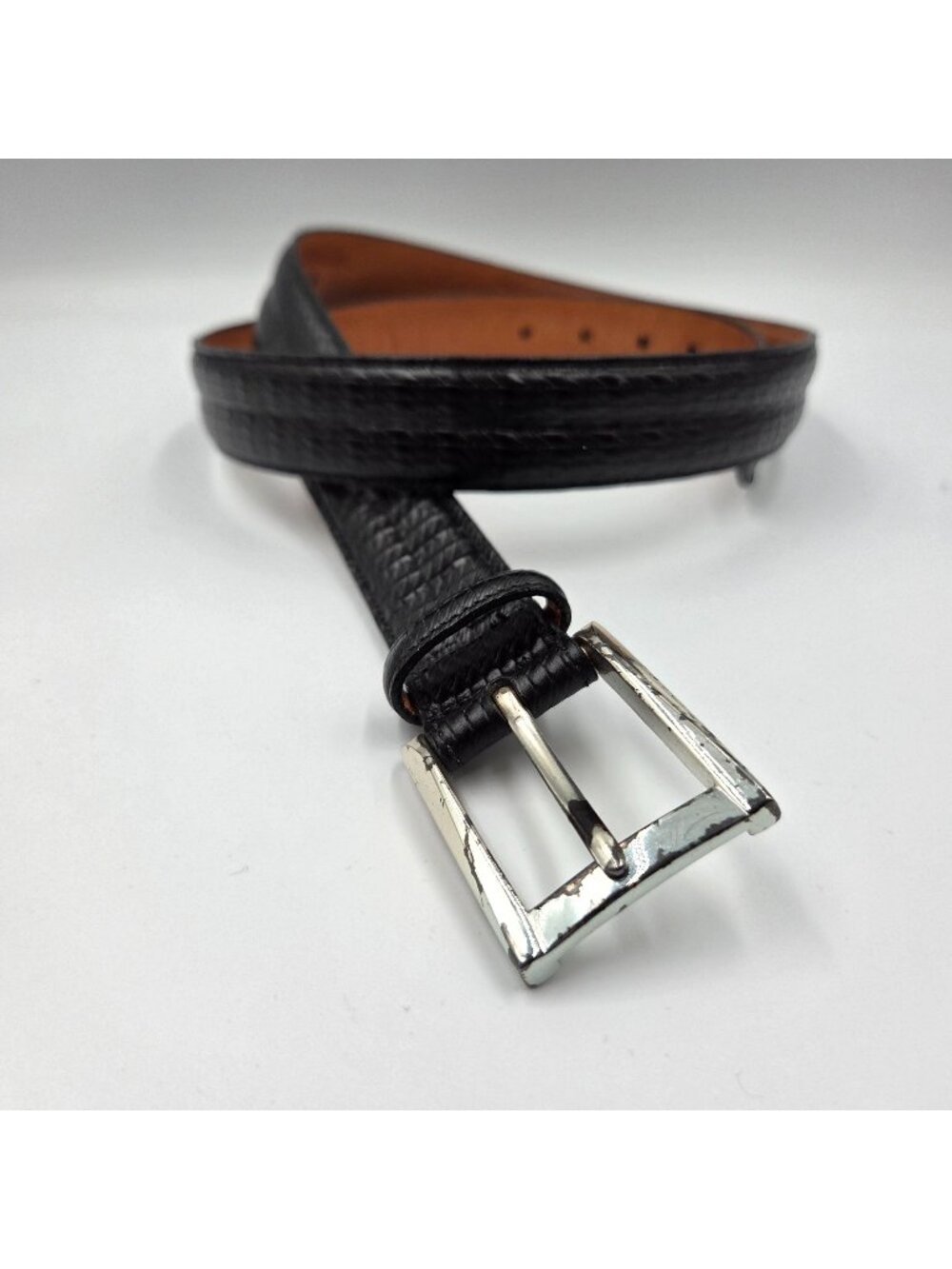 Trafalgar Belt Mens 40 Black Embossed Italian Leather Silvertone Preppy Casual